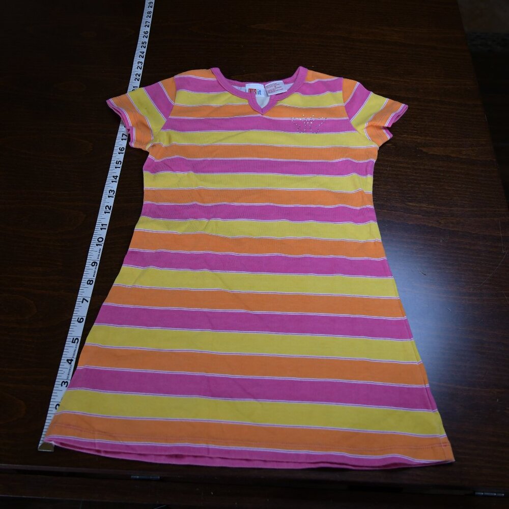 Ur it Girls Pink, Purple, Yellow and Orange Strip Dress w/ butterfly Size 6